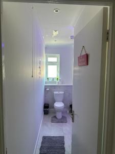 a bathroom with a toilet and a window at Stylish 2 Bedroom Flat Slough in Slough