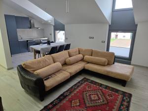 a living room with a brown couch and a kitchen at Casa Maddalena Lasino in Lasino