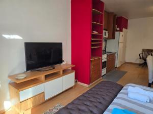 a living room with a flat screen tv on a entertainment center at Luz Urbana BA Studio in Buenos Aires