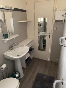 a bathroom with a sink and a toilet and a mirror at Les Meublés de la Corniche in Argelès-sur-Mer