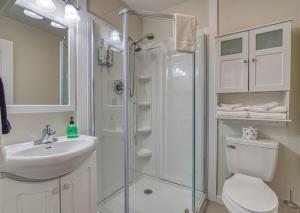 a bathroom with a shower and a sink and a toilet at Lake View Cabin Incredible Panoramic Views, Spa in Sevierville +42 photos