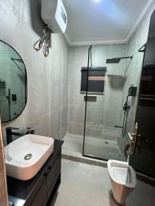 a bathroom with a sink and a shower and a toilet at Blue Velvet Apartments II in Abuja