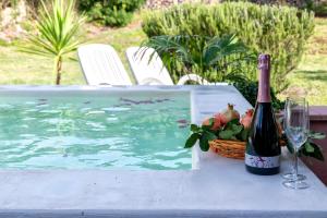 butelkę wina i kosz owoców na stole w obiekcie Laurus Jacuzzi villa Alghero Valverde 122 w mieście Valverde