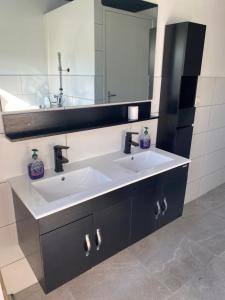 a bathroom with a white sink and a mirror at Luxe Glamping tent met sterrenhemel in Rijsenhout +10 photos
