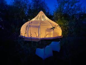a lit up tent in a field at night at Luxe Glamping tent met sterrenhemel in Rijsenhout