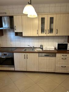 a kitchen with wooden cabinets and a sink at Willa Pan Tadeusz in Łeba +26 photos