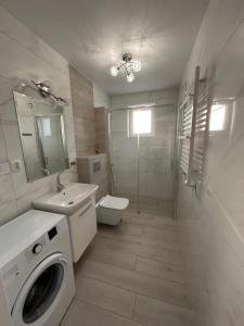 a bathroom with a toilet sink and a washing machine at Willa Pan Tadeusz in Łeba
