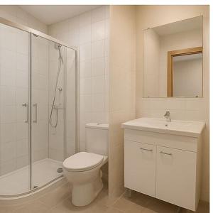 een badkamer met toilet, douche en wastafel bij Hostel Harmony in Zhezdi