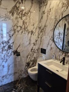a bathroom with a toilet and a sink and a mirror at LUXE-POLE Appartement à 100m de Monaco in Cap d'Ail