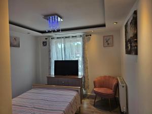 a bedroom with a bed and a tv and a chair at Allan & Ella House in Perth