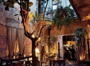 a room with tables and a tree in it at Guest Rooms Jardín Prim in Mexico City