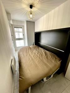 a bedroom with a bed with a large headboard at Appartement au coeur de la Grande Motte, vue mer in La Grande-Motte
