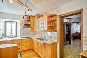 una cucina con armadi in legno e lavandino di Resort pod orehi - Bled - Apartma & Glamping & Savna a Bled