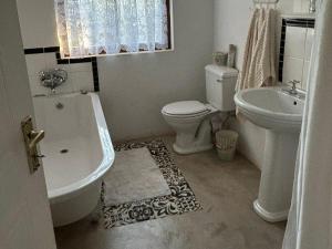 a bathroom with a white toilet and a sink at Legodimo Cottage in Dullstroom