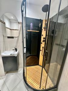a shower stall in a bathroom with a sink at Pensjonat na Brackiej in Nysa