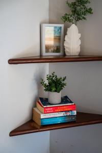 a stack of books on a shelf with a potted plant at SantiChanti Walk to Sunzal Beach in Tamanique