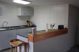 una cocina con encimera con fregadero y barra de sidx sidx sidx sidx en Ferienhaus Waldrand In Ascheffel, en Hütten