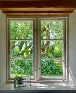 NorderfriedrichskoogReetdachhaus Für Erholsamen Familienurlaub的享有树景的开放式窗户 更多32张照片