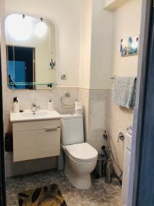 une salle de bain avec toilettes, lavabo et miroir dans l'établissement Светлая квартира в центре, à Almaty