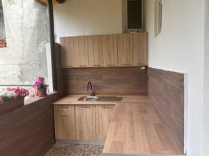 a kitchen with a sink and wooden cabinets at natoli in Căbeşti