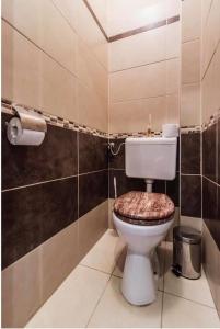 a bathroom with a toilet with a wooden seat at City Center in Szeged +6 photos