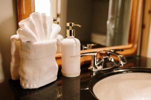 a bathroom sink with a bottle of soap and a towel at Albert's in Shelburne +35 photos