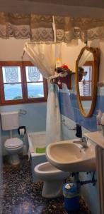 a bathroom with a sink and a toilet and a mirror at La Casa del Gallo in Radicondoli +53 photos