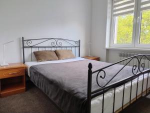1 dormitorio con 1 cama con marco de metal en Apartament Cichy, en Poznan