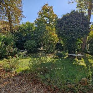 a garden with a picnic table in the grass at Les Demeures du Parc, la Bourbonnaise, proche des Thermes in Bourbon-lʼArchambault +9 photos