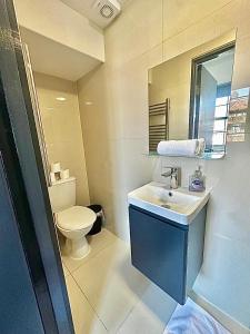 a bathroom with a white toilet and a sink at Golders Green Studio 61 in London