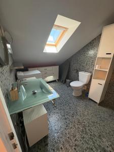 a bathroom with a sink and a toilet with a skylight at L'ESCALE SELESTADIENNE in Sélestat +10 photos