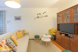 a living room with a couch and a tv at Milfontes Beach House in Vila Nova de Milfontes
