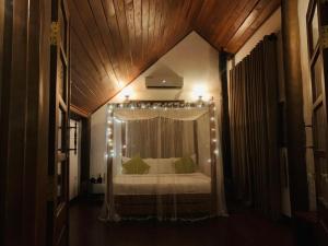 a bedroom with a bed with a canopy with lights at Hera Ceylon in Nilaveli