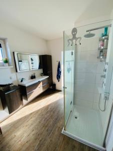 un baño con ducha y lavabo en Modern House in Spielberg near Red Bull Ring, en Spielberg 3 fotos más