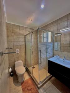 a bathroom with a shower and a toilet and a sink at The Gold Vacation Villa in Santa Cruz +18 photos