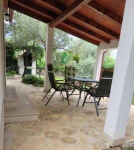 a patio with a table and chairs under a roof at House Feniks, 2 bedrooms, private parking, Starlink! in Milna
