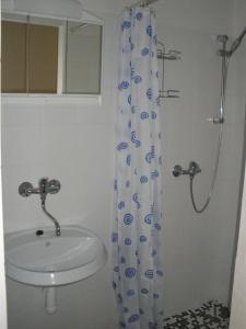 a bathroom with a sink and a shower curtain at Holiday House on the hill in Nedvědice