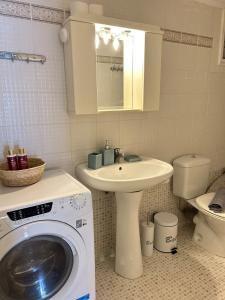 a bathroom with a washing machine and a sink at Vathi Seaside Apartment in Meganisi +11 photos