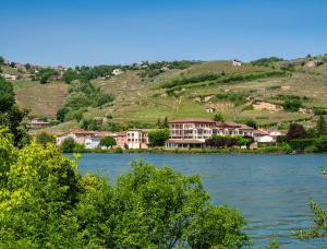 miasto na wzgórzu obok zbiornika wodnego w obiekcie Hôtel Beau Rivage Condrieu w mieście Condrieu