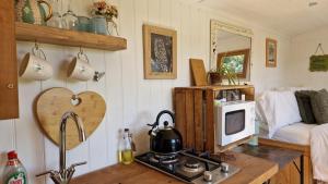 a kitchen with a stove with a microwave and a bed at Wainstones Shepherd's Hut in Chop Gate