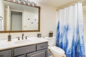 a bathroom with a sink and a toilet and a shower curtain at 4 Mi to Massanutten Resort Family Home with Views! in McGaheysville +33 photos