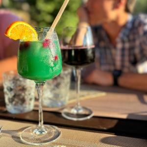 two glasses with a green drink and an orange slice at Aux Lodges du Mas de Nadal in Sauliac-sur-Célé +30 photos