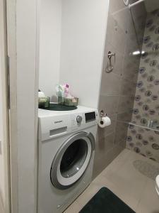 a washing machine in a bathroom with a shower at Studio Jovana Stan na dan Kikinda in Kikinda