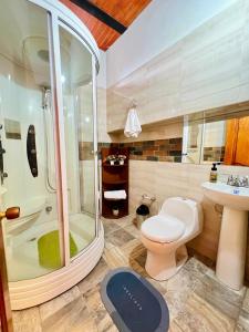 a bathroom with a shower and a toilet and a sink at Cabaña Dulce Encanto in Villeta