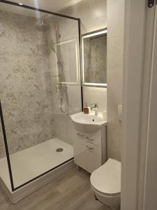 a bathroom with a shower and a toilet and a sink at Apartamenty CENTRUM MIASTA Tomaszowa Mazowieckiego Quick Check-in Szybkie zameldowanie in Tomaszów Mazowiecki