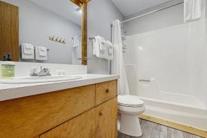Un baño con lavabo, inodoro y bañera. en Loon Mountain Nest, en Lincoln