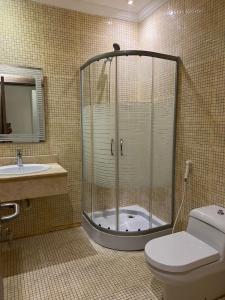 a bathroom with a shower and a toilet and a sink at رومانوس فيلاجيو ROMANOS Villagio in Obhor