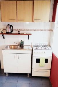 una cocina con estufa y fregadero en La Curva, en El Calafate