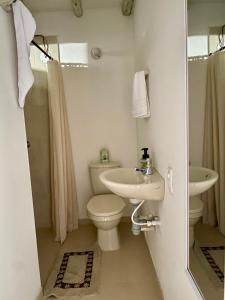 a white bathroom with a toilet and a sink at El Aldabón - Villa de Leyva in Villa de Leyva