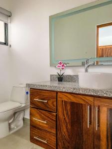 Un baño con lavabo, inodoro y espejo. en Beautiful Celeste Condominium, en La Paz